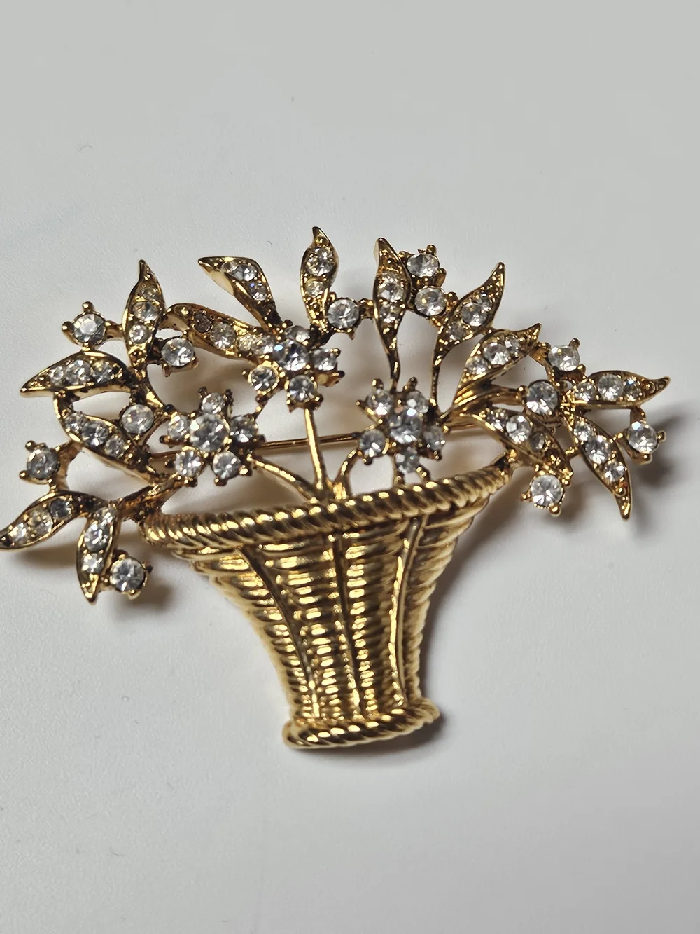 Gold Basket Floral Brooch with Clear Crystals